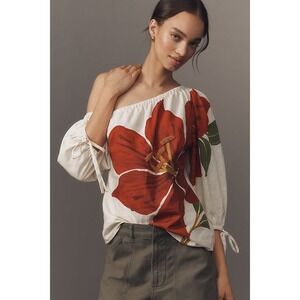 Anthropologie Farm Rio Linen Blend One-Shoulder Blouse Medium New With Tags